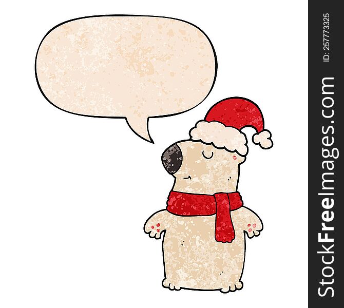 cute cartoon christmas bear with speech bubble in retro texture style