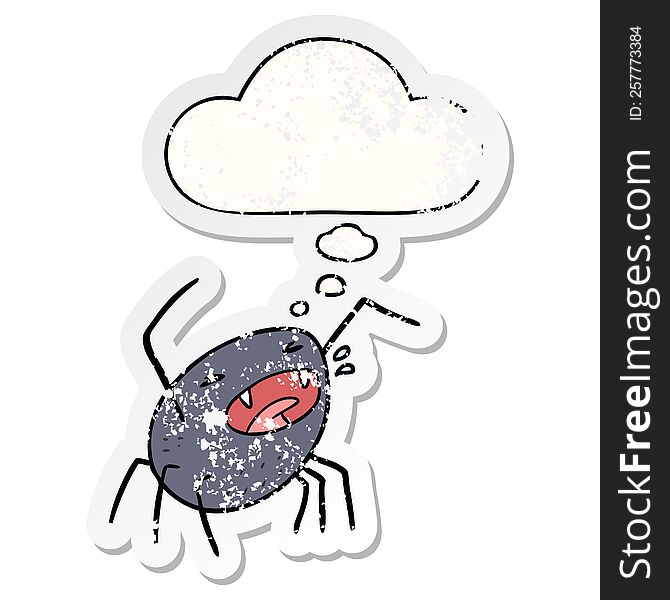 cartoon spider and thought bubble as a distressed worn sticker