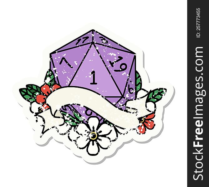 Natural One D20 Dice Roll Grunge Sticker