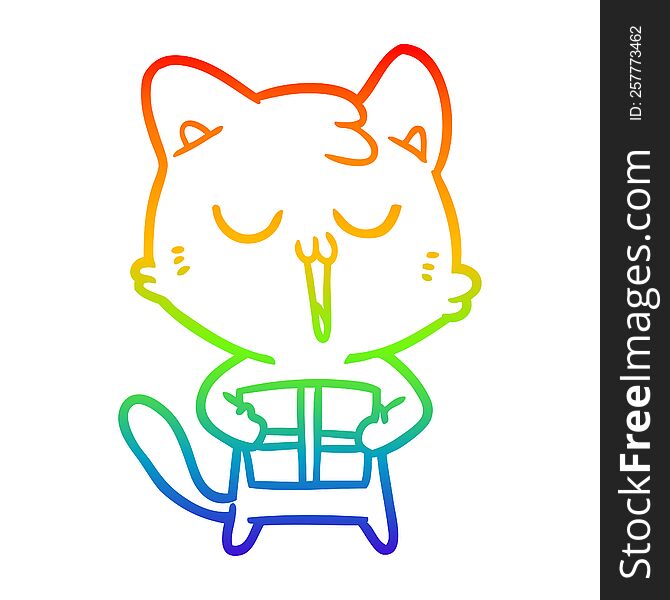 rainbow gradient line drawing of a cartoon cat with present