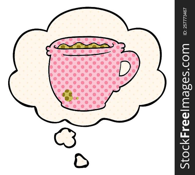 cartoon hot cup of coffee with thought bubble in comic book style
