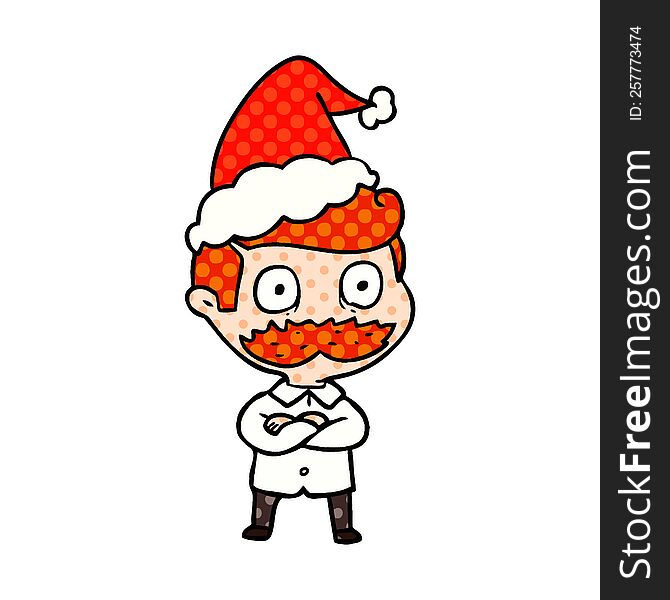 Comic Book Style Illustration Of A Man With Mustache Shocked Wearing Santa Hat