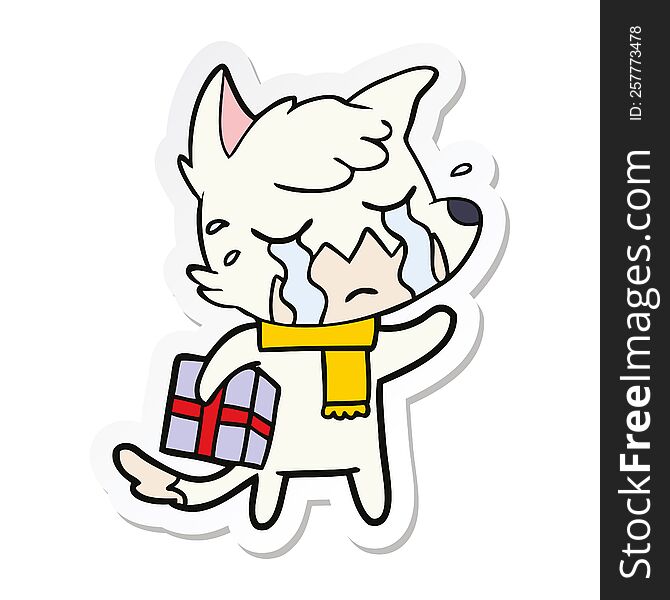 Sticker Of A Crying Christmas Fox Cartoon