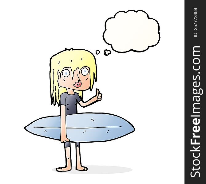 cartoon surfer girl with thought bubble
