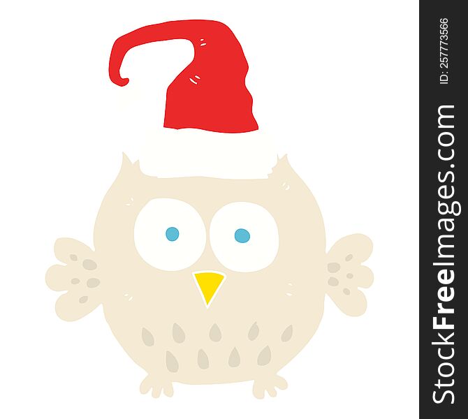 flat color illustration of a cartoon owl wearing christmas hat