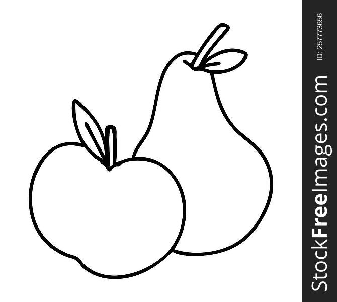 line doodle of an apple and pear. line doodle of an apple and pear