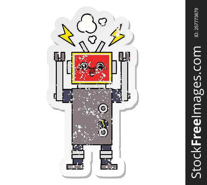 Distressed Sticker Of A Cute Cartoon Happy Robot
