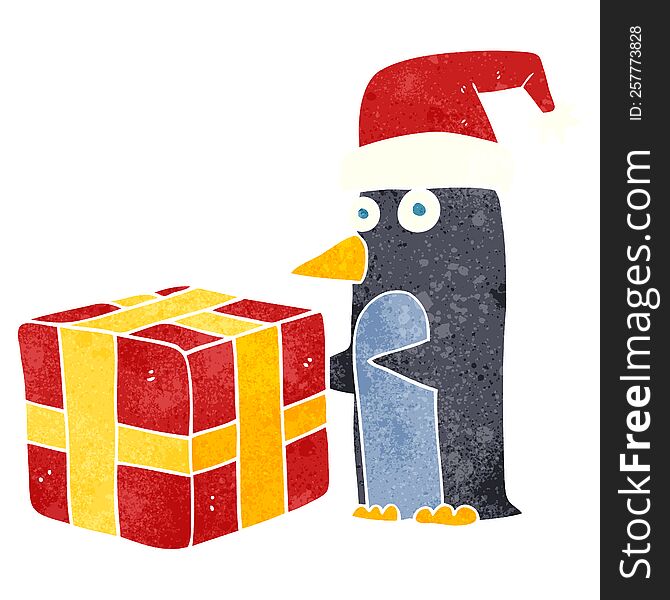 freehand retro cartoon christmas penguin with present