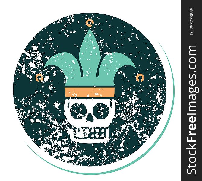 iconic distressed sticker tattoo style image of a skull jester. iconic distressed sticker tattoo style image of a skull jester