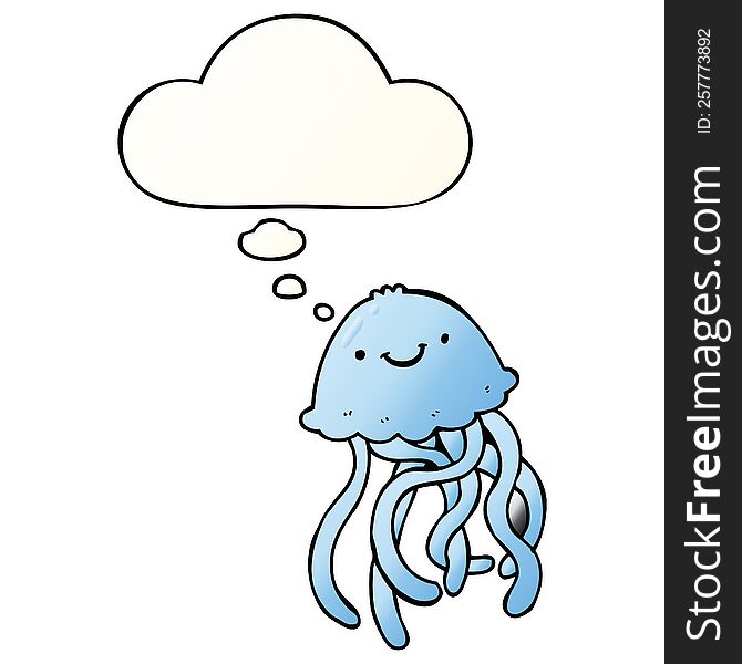 Cartoon Happy Jellyfish And Thought Bubble In Smooth Gradient Style