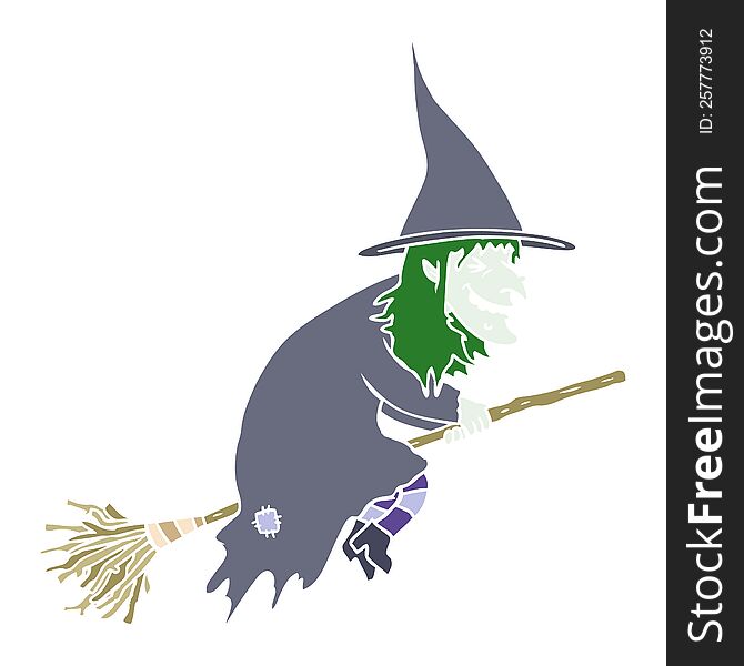 flat color style cartoon witch on broom