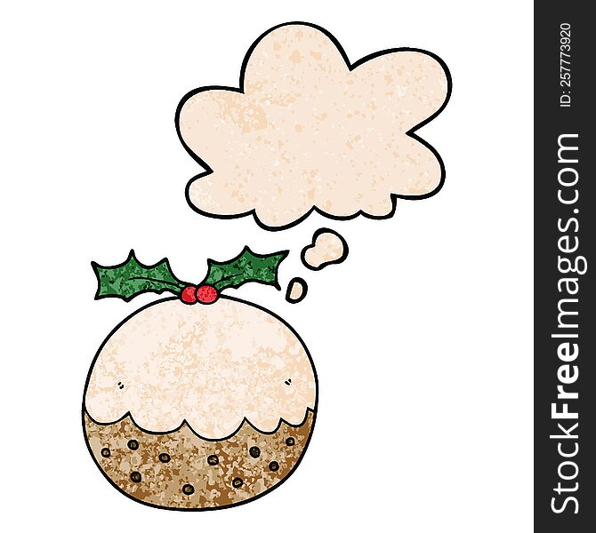 cartoon christmas pudding with thought bubble in grunge texture style. cartoon christmas pudding with thought bubble in grunge texture style