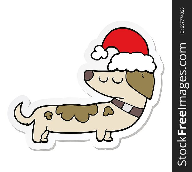 Sticker Of A Cartoon Dog Wearing Christmas Hat