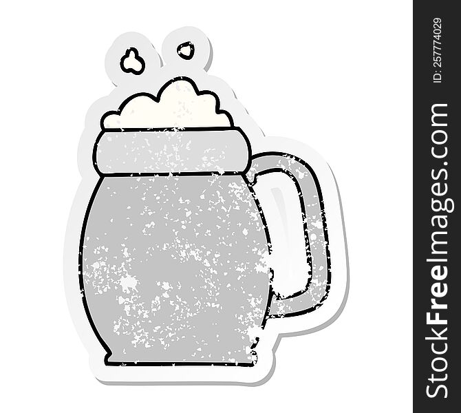 distressed sticker of a quirky hand drawn cartoon pint of beer