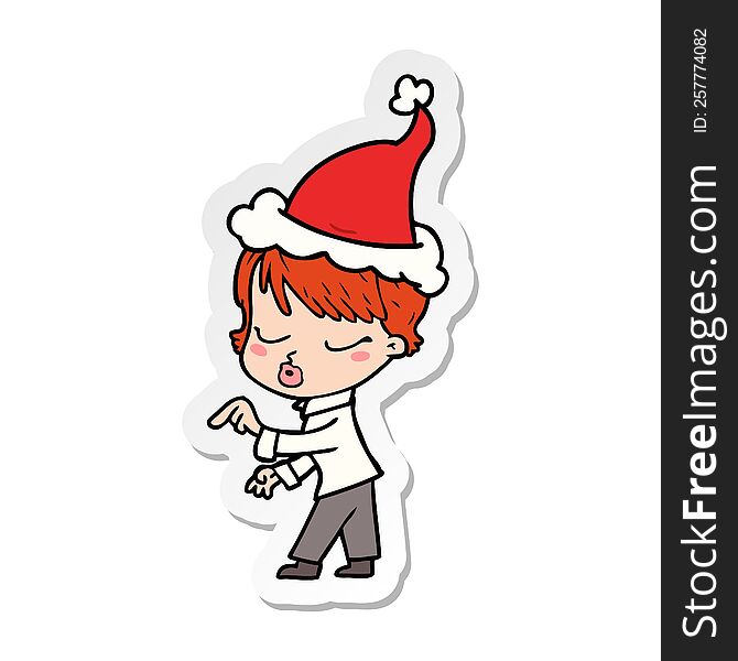 sticker cartoon of a woman with eyes shut wearing santa hat