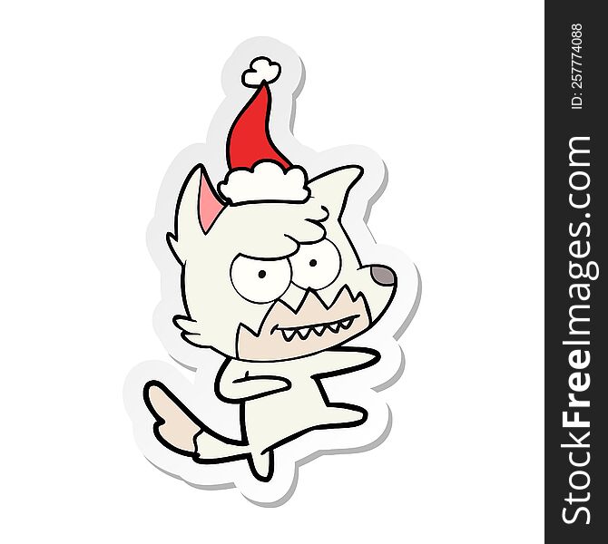 Sticker Cartoon Of A Grinning Fox Wearing Santa Hat