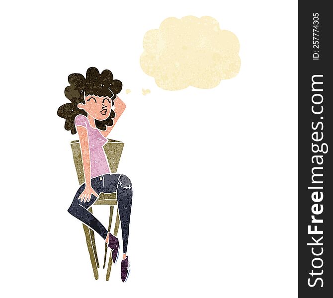 Cartoon Woman Posing On Chair With Thought Bubble