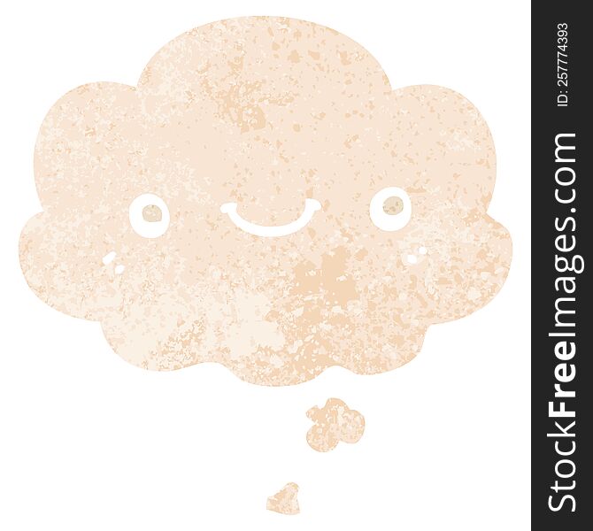 cartoon cute happy face with thought bubble in grunge distressed retro textured style. cartoon cute happy face with thought bubble in grunge distressed retro textured style