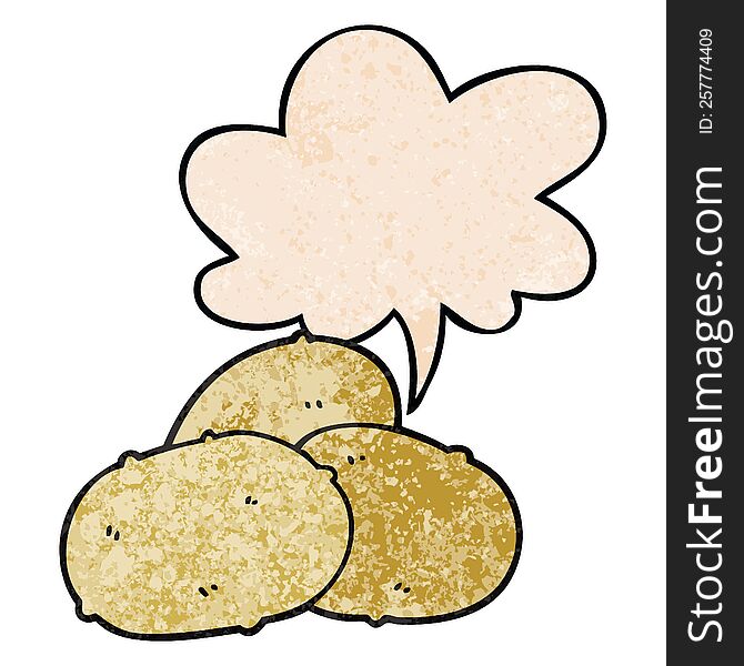 cartoon potatoes with speech bubble in retro texture style