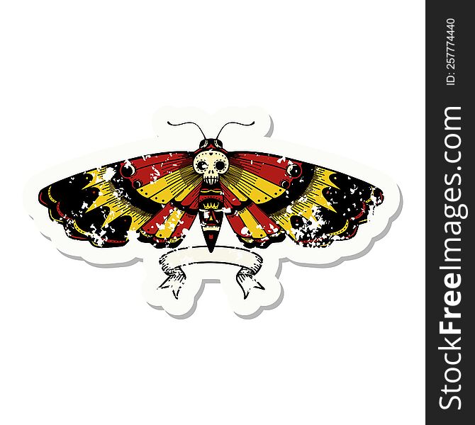 grunge sticker with banner of a deaths head moth