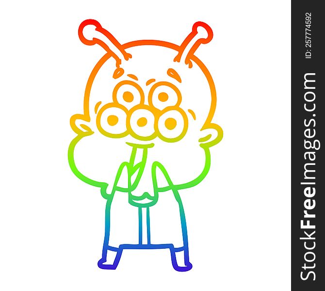 rainbow gradient line drawing happy cartoon alien gasping in surprise