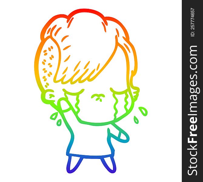 Rainbow Gradient Line Drawing Cartoon Crying Girl Waving