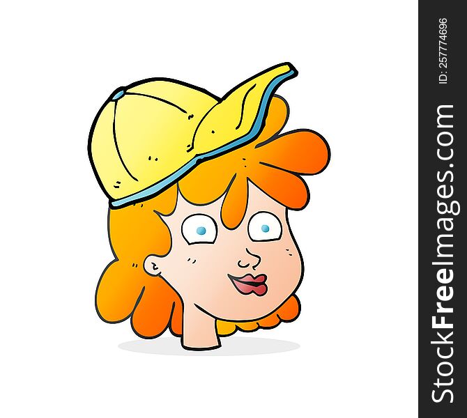 freehand drawn cartoon woman wearing cap. freehand drawn cartoon woman wearing cap