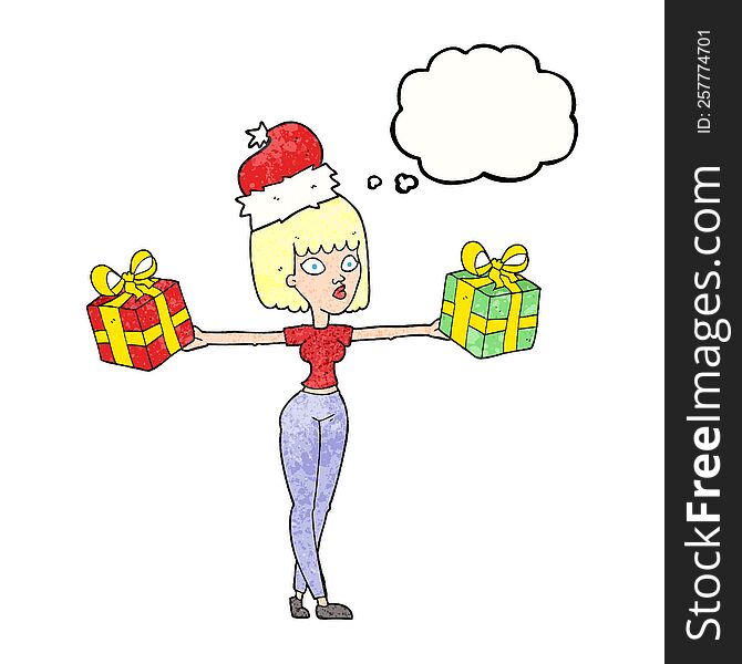 freehand drawn thought bubble textured cartoon woman with xmas presents