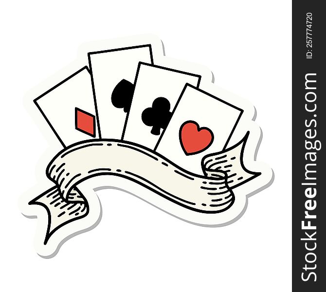 Tattoo Style Sticker Of Cards And Banner