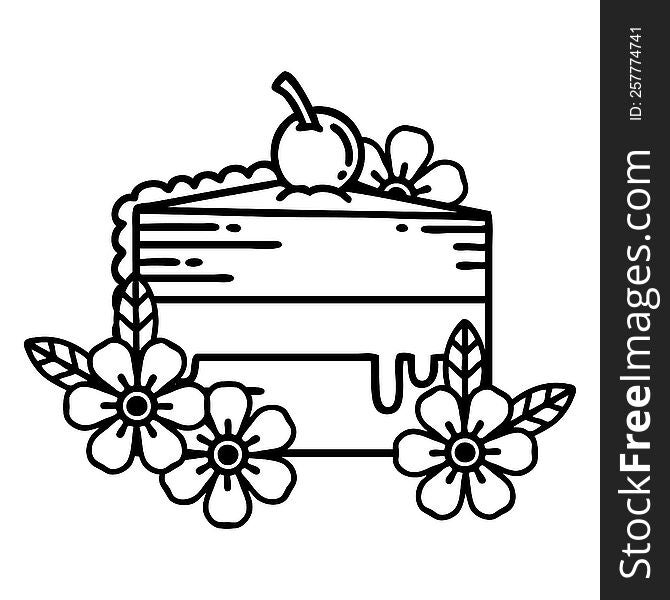 tattoo in black line style of a slice of cake and flowers. tattoo in black line style of a slice of cake and flowers
