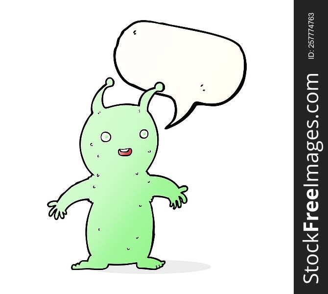 cartoon happy little alien with speech bubble