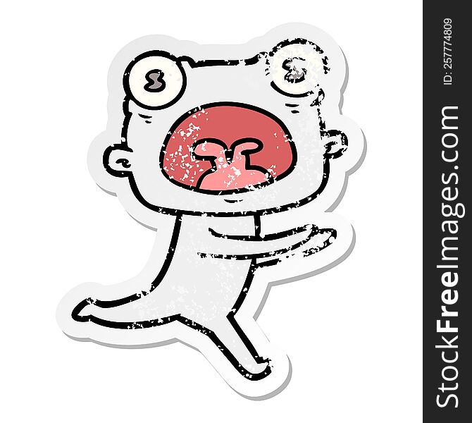 Distressed Sticker Of A Cartoon Weird Alien Running Away