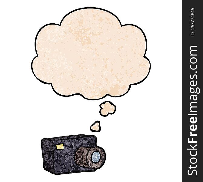 Cartoon Camera And Thought Bubble In Grunge Texture Pattern Style