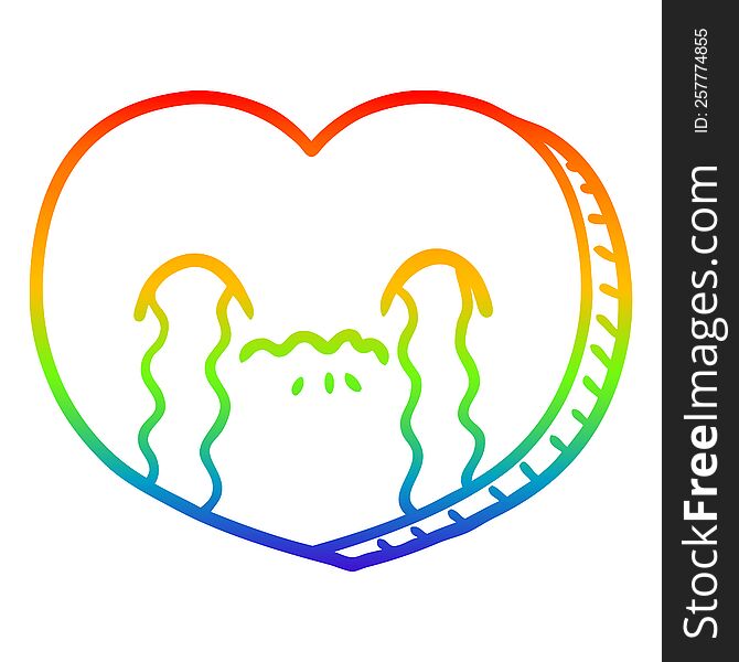 rainbow gradient line drawing of a cartoon crying love heart