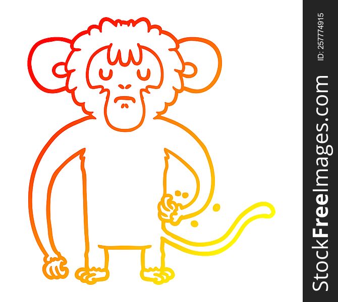 warm gradient line drawing of a cartoon monkey scratching