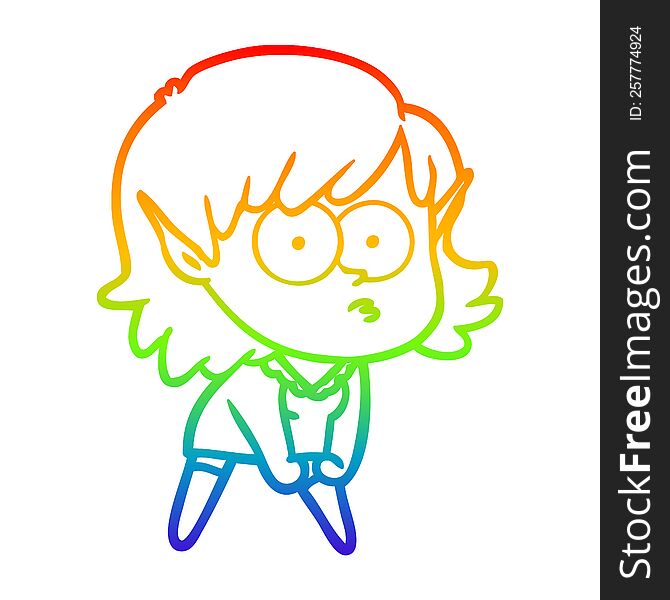 rainbow gradient line drawing of a cartoon elf girl staring and crouching