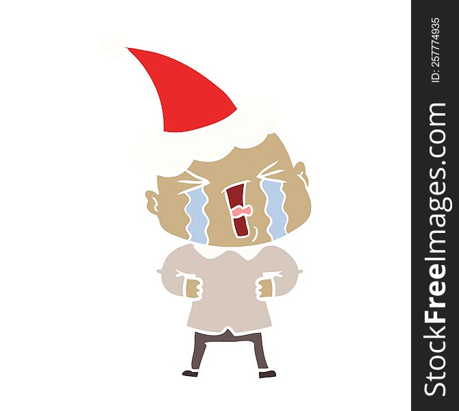 Flat Color Illustration Of A Crying Bald Man Wearing Santa Hat