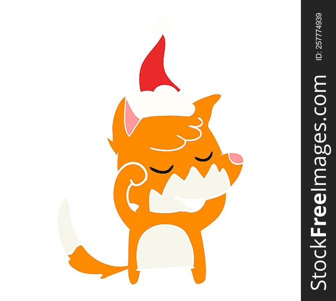 friendly hand drawn flat color illustration of a fox waking up wearing santa hat