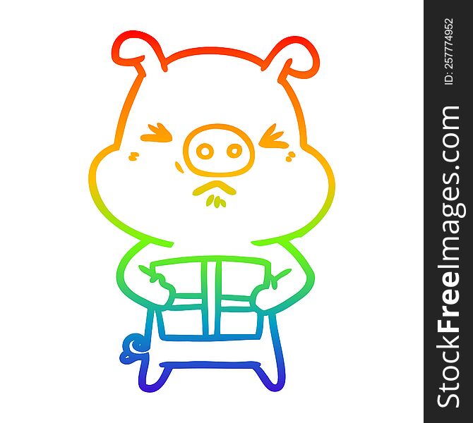 Rainbow Gradient Line Drawing Cartoon Angry Pig With Christmas Present
