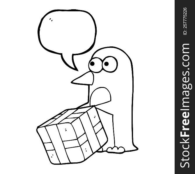 Speech Bubble Cartoon Penguin With Christmas Present