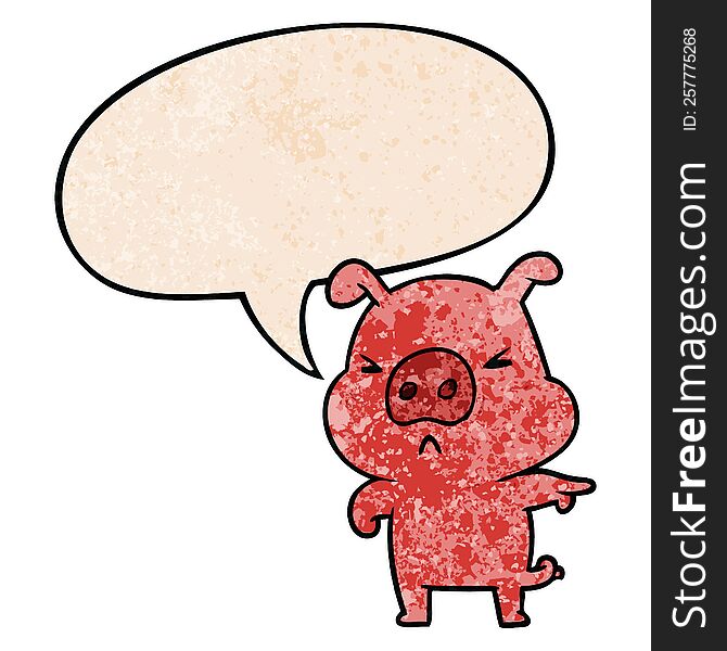 Cartoon Angry Pig Pointing And Speech Bubble In Retro Texture Style