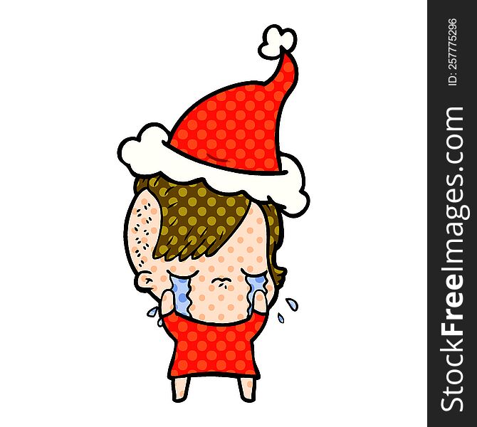 Comic Book Style Illustration Of A Crying Girl Wearing Santa Hat