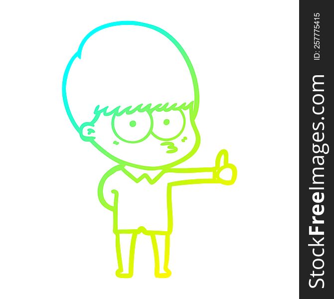 cold gradient line drawing of a curious cartoon boy giving thumbs up sign