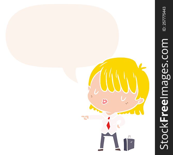 cartoon efficient businesswoman giving orders with speech bubble in retro style