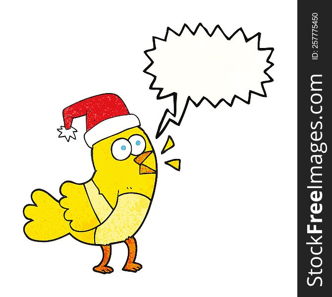 freehand speech bubble textured cartoon bird wearing christmas hat