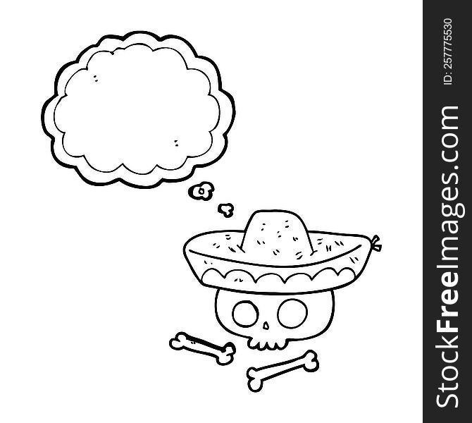 freehand drawn thought bubble cartoon skull in mexican hat