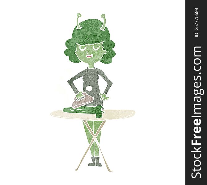 Cartoon Alien Woman Ironing