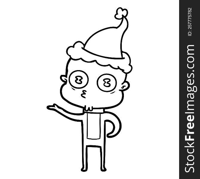 Line Drawing Of A Weird Bald Spaceman Wearing Santa Hat