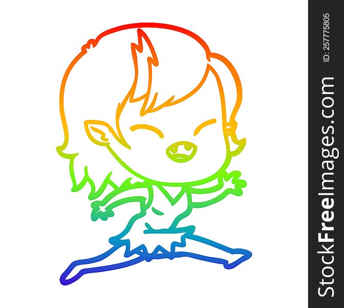 rainbow gradient line drawing of a cartoon laughing vampire girl running
