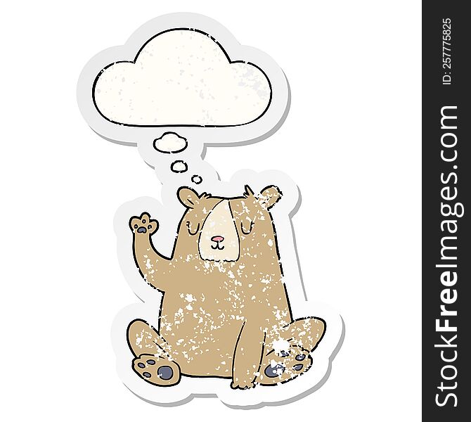 Cartoon Bear;waving And Thought Bubble As A Distressed Worn Sticker